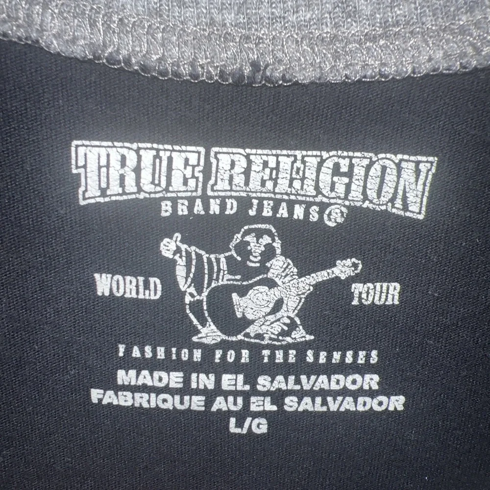 True Religion T Shirt Men's Size L‎ Black Gray Indian Head Chief Raglan Tee